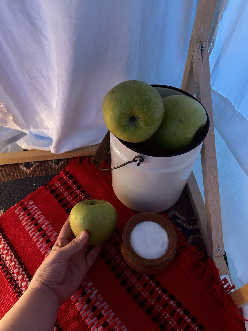 Green apples in a milk churn and a wooden pot of salt on a red woven rug