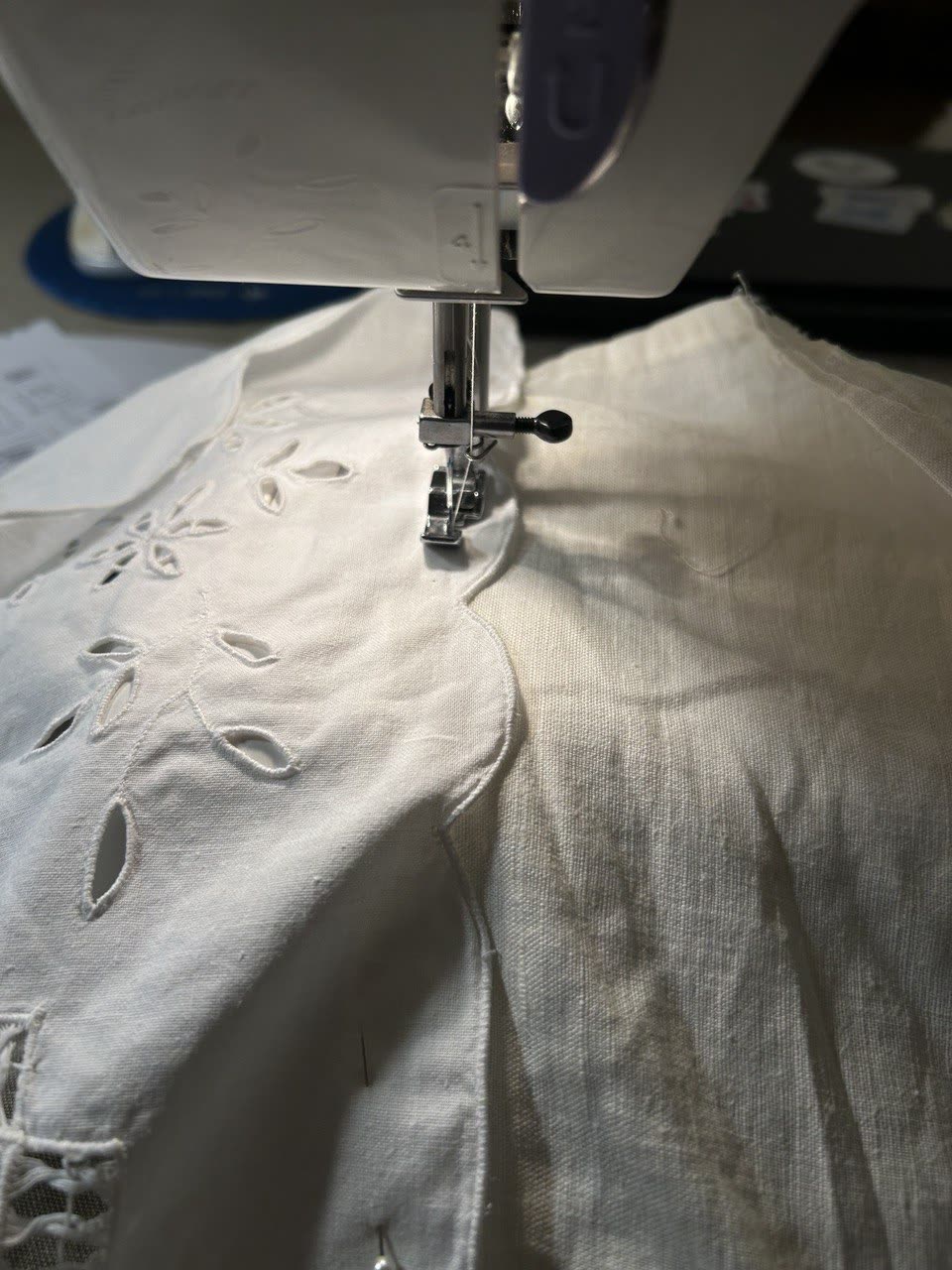 Sewing vintage cutwork fabric on a sewing machine