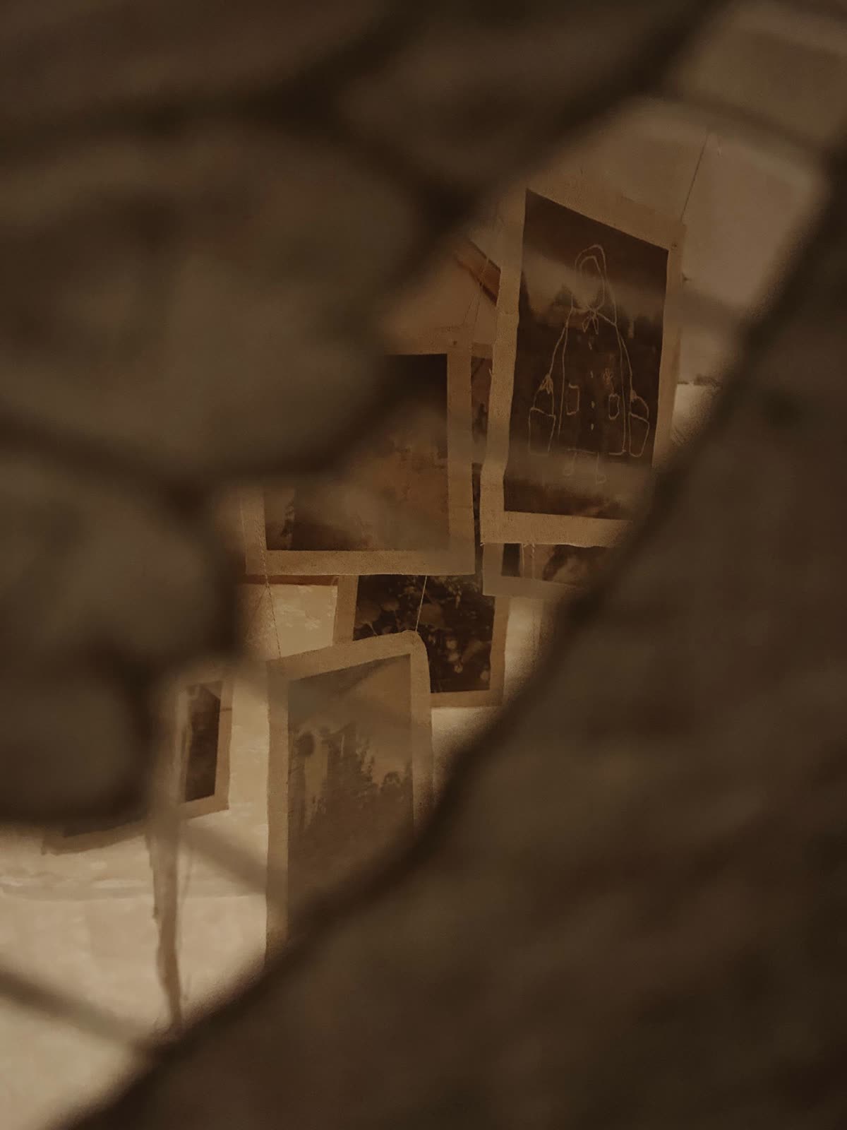Photographs seen through an opening in the fabric